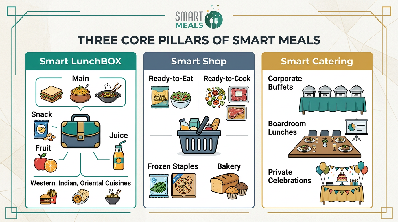 Smart Meals Online: One Platform for LunchBOX, Shop & Catering infographic