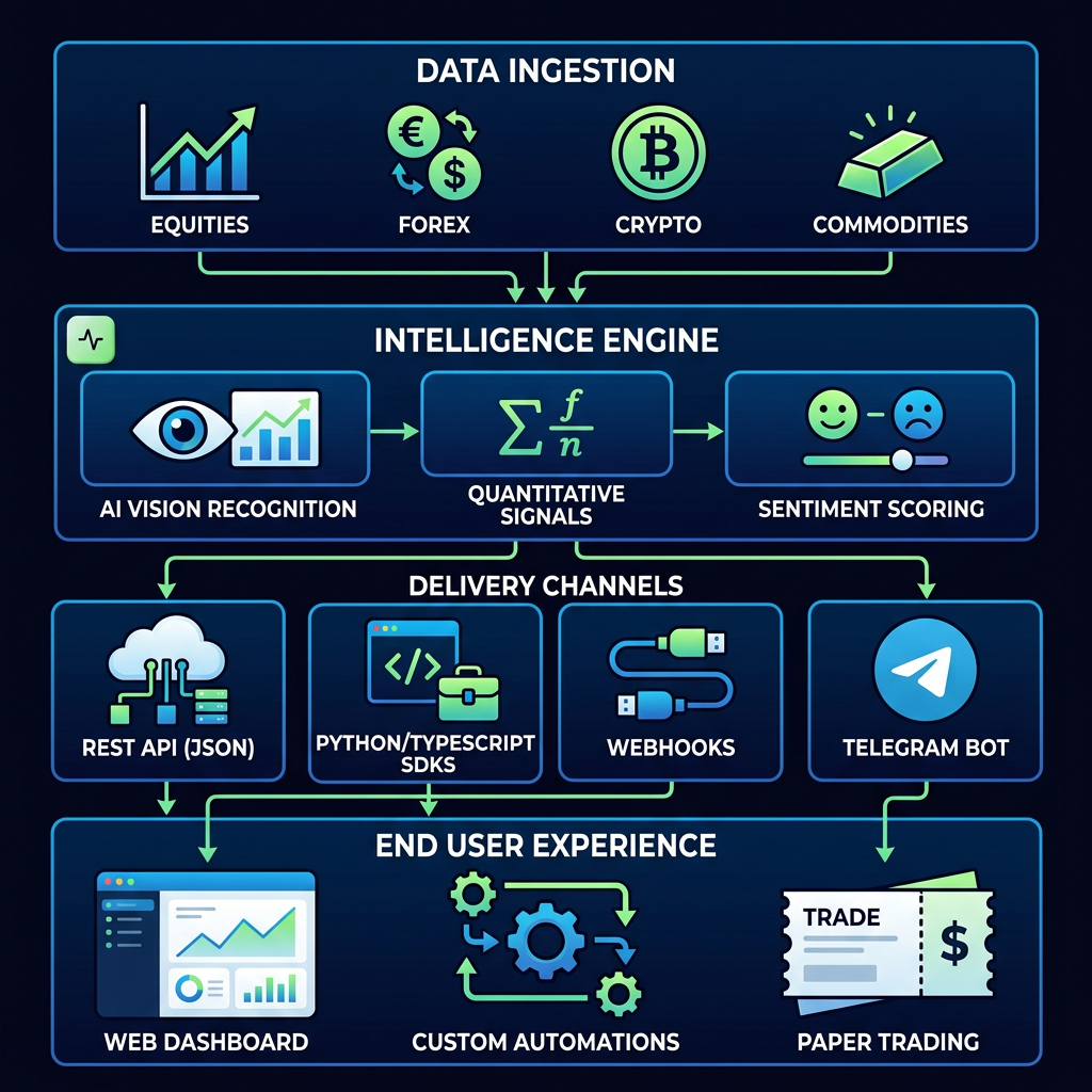 Infographic explaining What API Services are offered by Trade AI and what technology stacks are supported