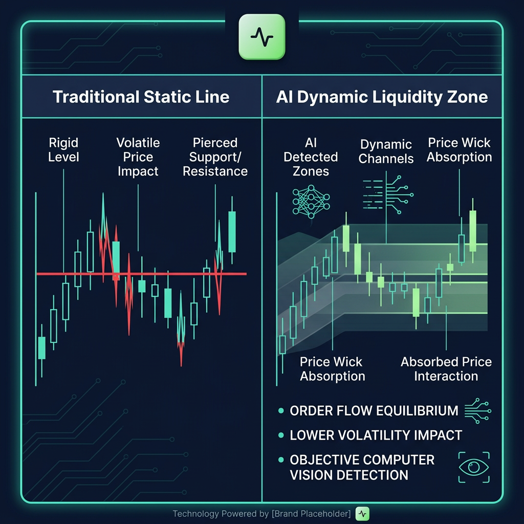 Infographic explaining Automated Support and Resistance Mapping: How AI Chart Vision Identifies Dynamic Liquidity Zones