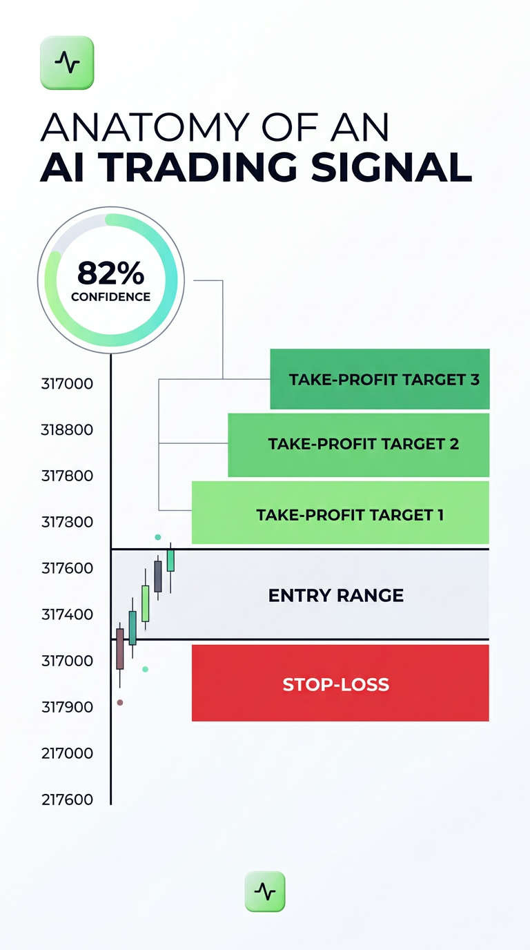 Infographic explaining AI Trading Signals Explained: What Entry, Stop-Loss, Targets & Confidence Really Mean