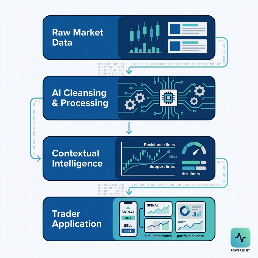 Infographic explaining From Market Data to Trading Intelligence: How AI Turns Raw Data Into Insights